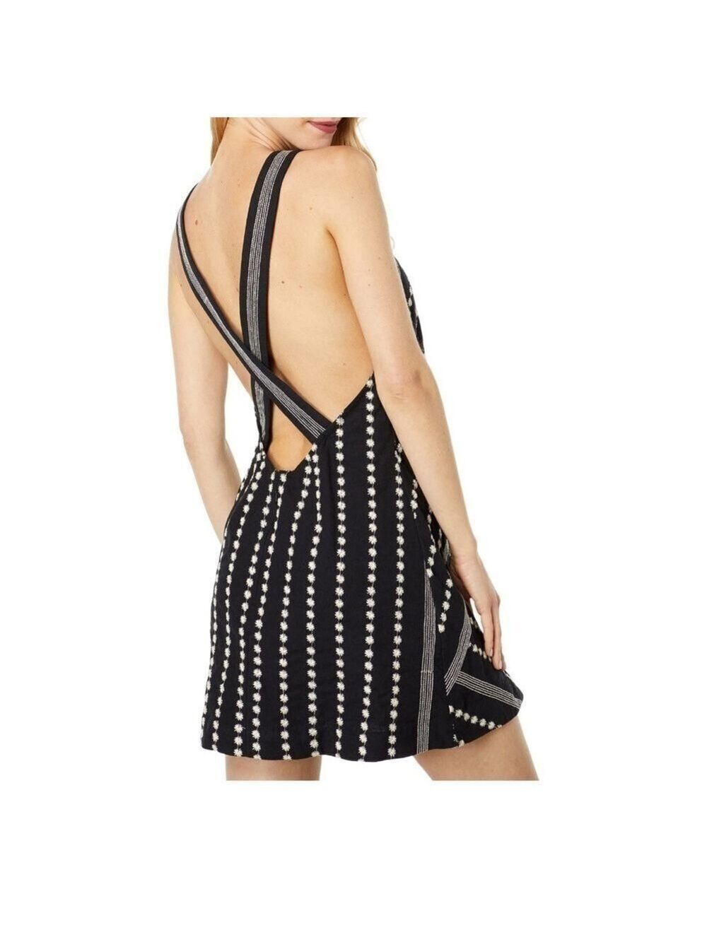 NWT FREE PEOPLE - Juni Mini Cotton Floral Embroidered Dress Black Sz Large